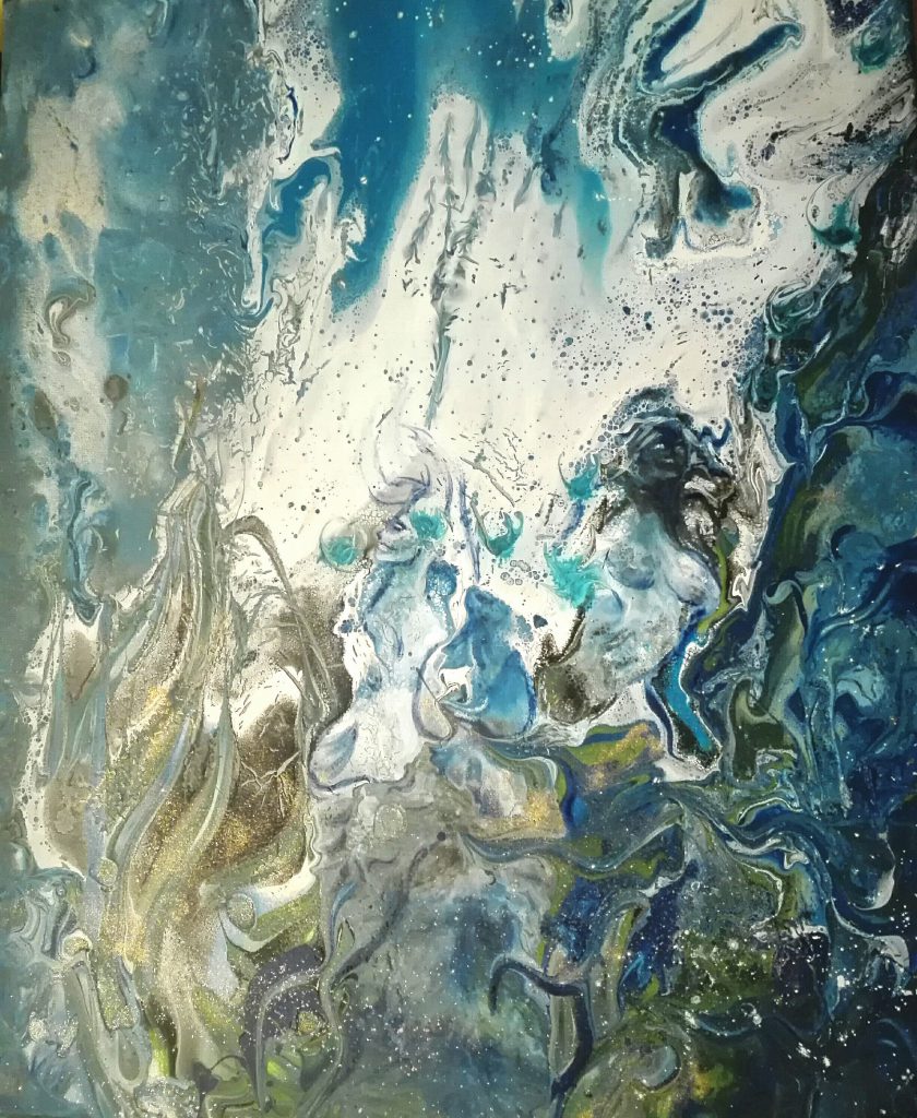 fluide art peinture fluid dirty pouring bleu sous marin liquide peinture abstrait blanc turquoise doré bulles vagues vue sous marine algues or peinture acrylique sirènes sissi acrylistic