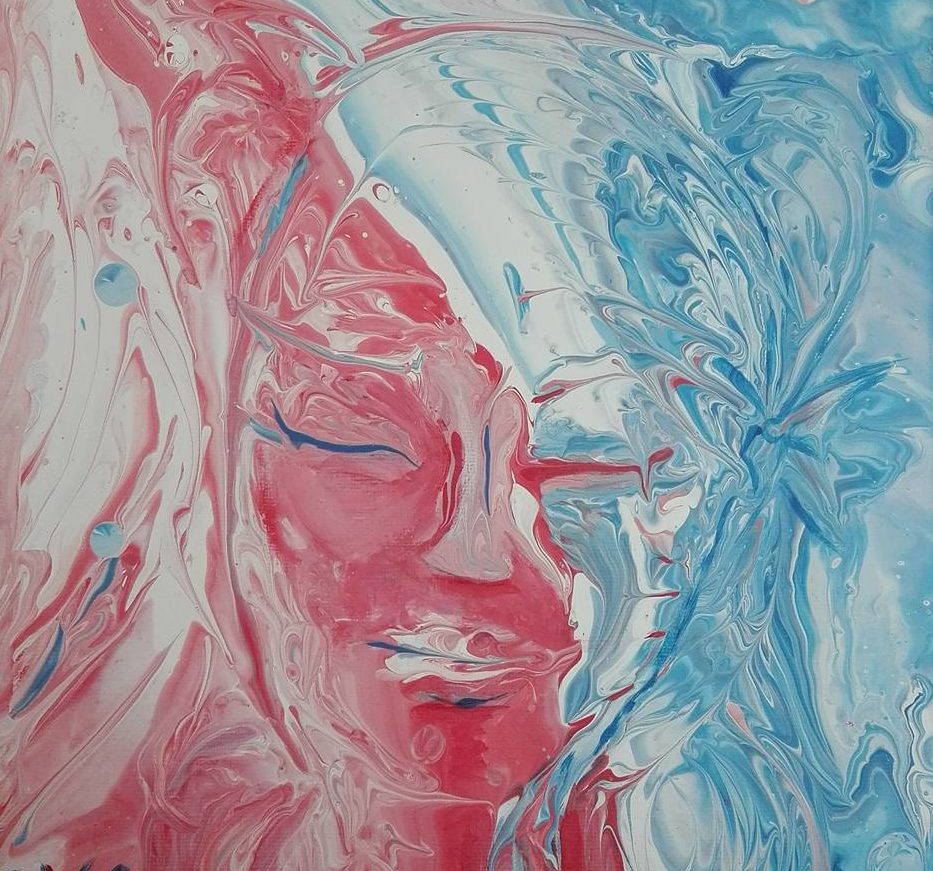 visages figure super sissi acrylistic peinture fluid dirty pouring visage fluid art rose bleu ambivalence dualité bicolore double face